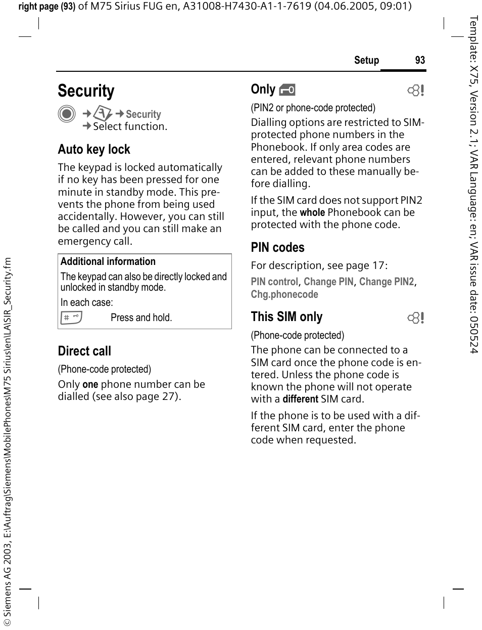 Security | Siemens M75 User Manual | Page 94 / 153