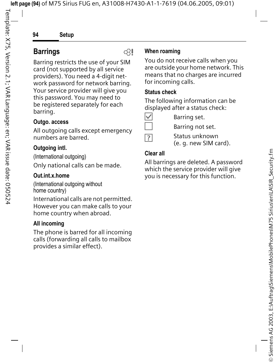 Barrings b | Siemens M75 User Manual | Page 95 / 153