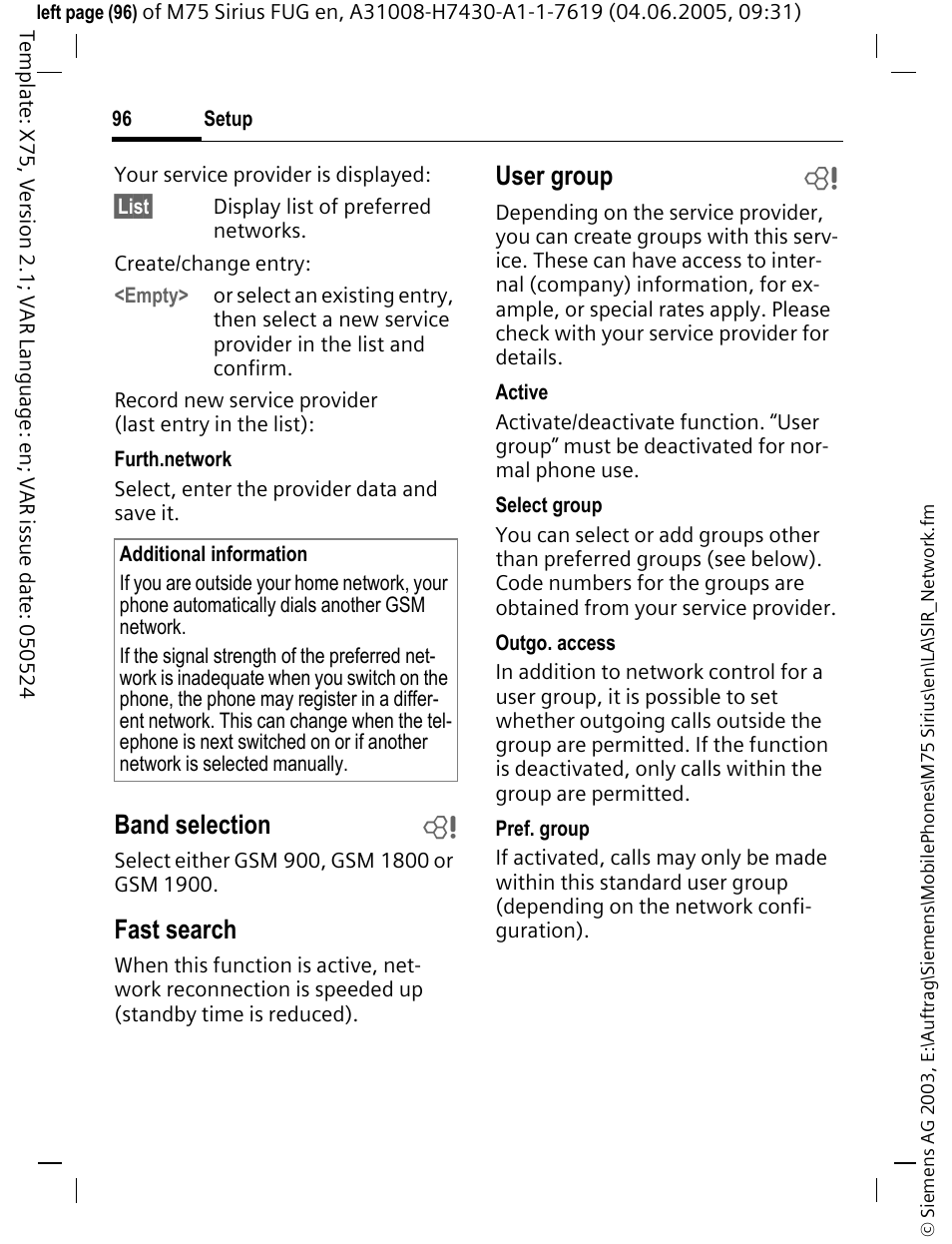 Band selection b, Fast search, User group b | Siemens M75 User Manual | Page 97 / 153