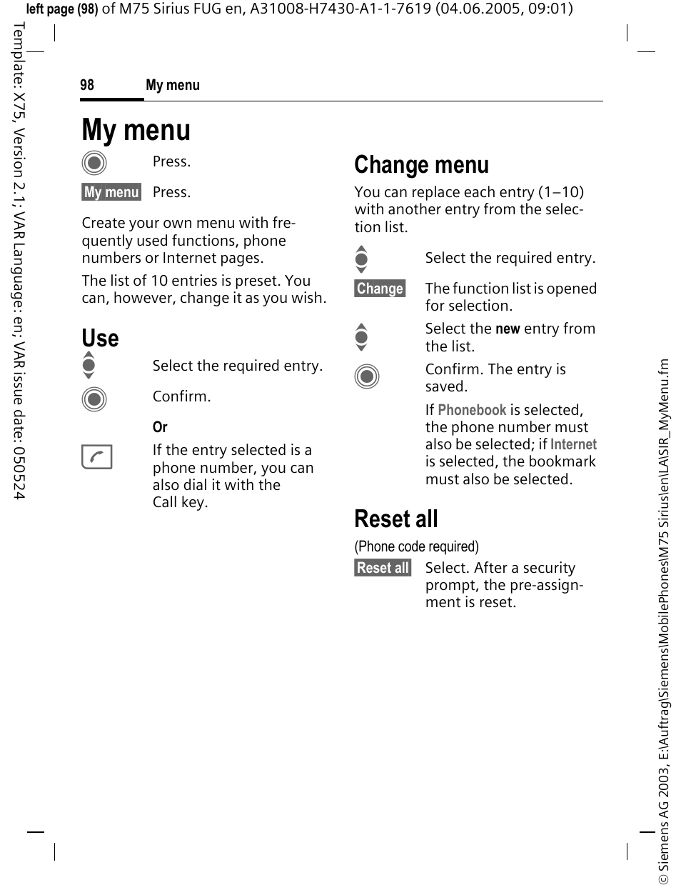 My menu, Create your own menu (p. 98) with, My menu c | Change menu, Reset all | Siemens M75 User Manual | Page 99 / 153