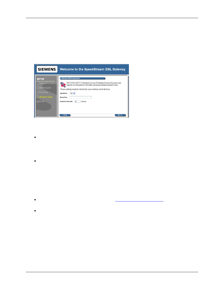 Wireless setup wpa psk option | Siemens SpeedStream 6500 Series User Manual | Page 30 / 98