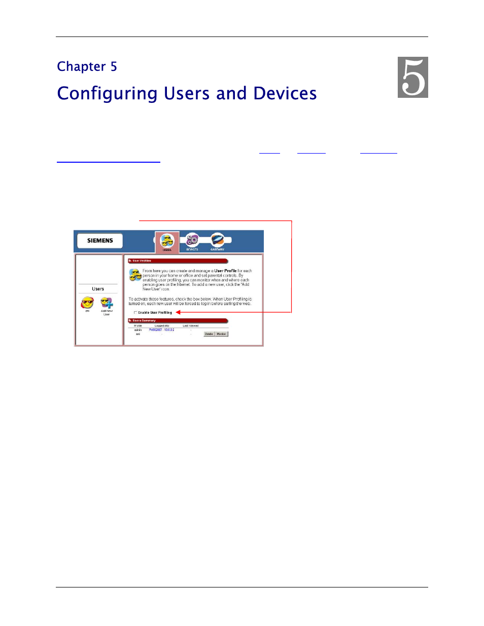 Chapter 5 configuring users and devices, Configuring users, Adding a user | Configuring users and devices, Chapter 5 | Siemens SpeedStream 6500 Series User Manual | Page 33 / 98