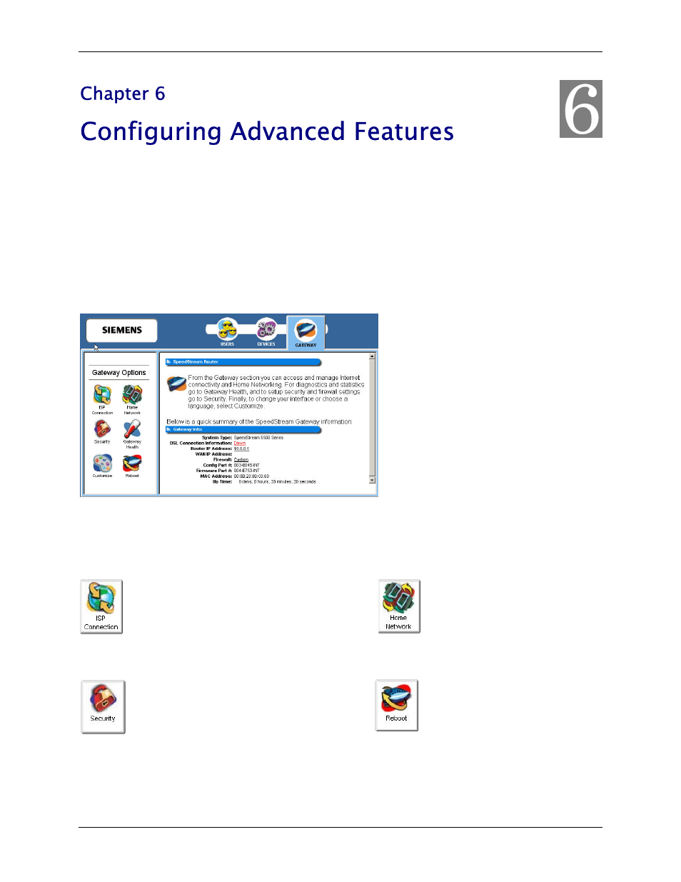 Chapter 6 configuring advanced features, Chapter 6, Configuring gateway options | Configuring advanced features | Siemens SpeedStream 6500 Series User Manual | Page 42 / 98