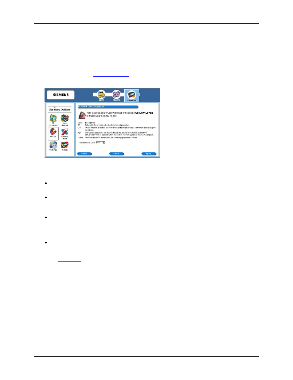 Security level, Firewall level configuration | Siemens SpeedStream 6500 Series User Manual | Page 66 / 98