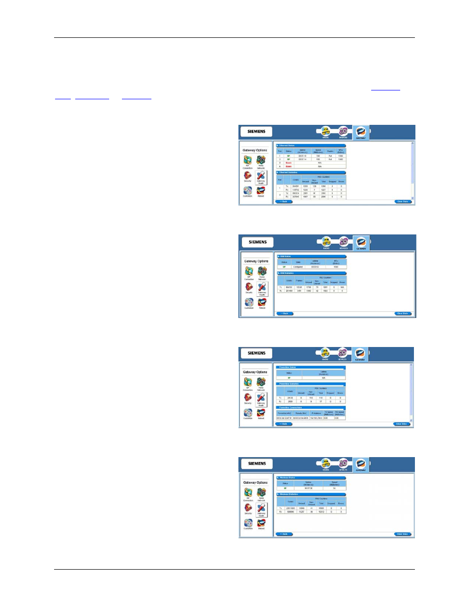 Home networking stats, Ethernet statistics, Usb statistics | Powerline statistics, Wireless statistics, Ethernet, Powerline, Wireless | Siemens SpeedStream 6500 Series User Manual | Page 85 / 98