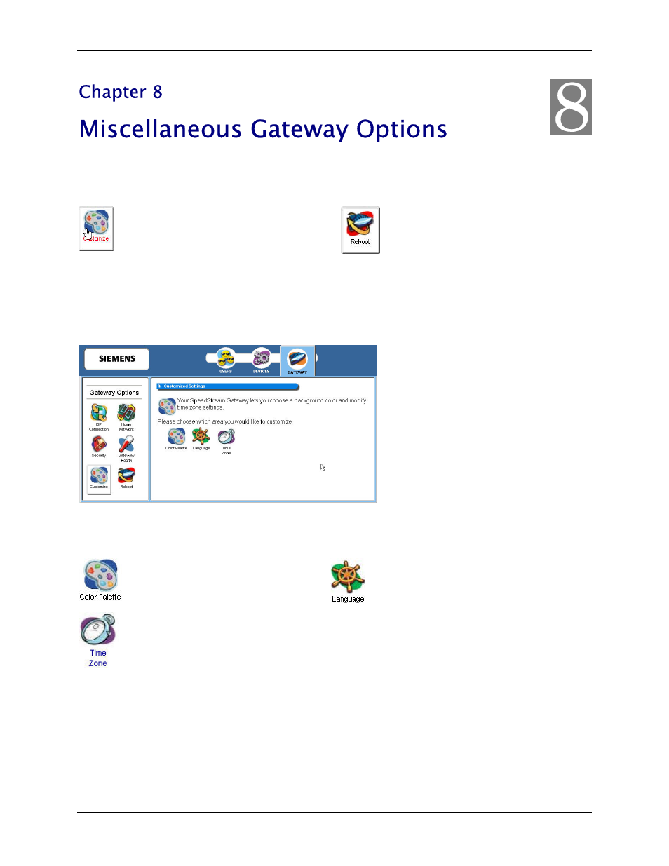 Chapter 8 miscellaneous gateway options, Customize, Customization options discussed in this chapter | Miscellaneous gateway options | Siemens SpeedStream 6500 Series User Manual | Page 89 / 98