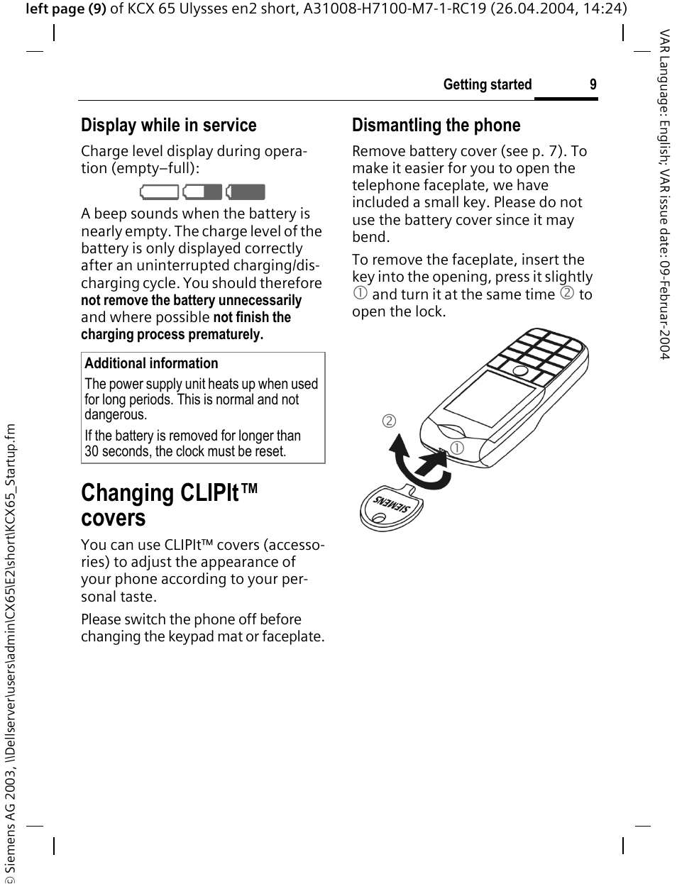 Changing clipit™ covers, Display while in service, Dismantling the phone | Siemens CX65 User Manual | Page 10 / 75