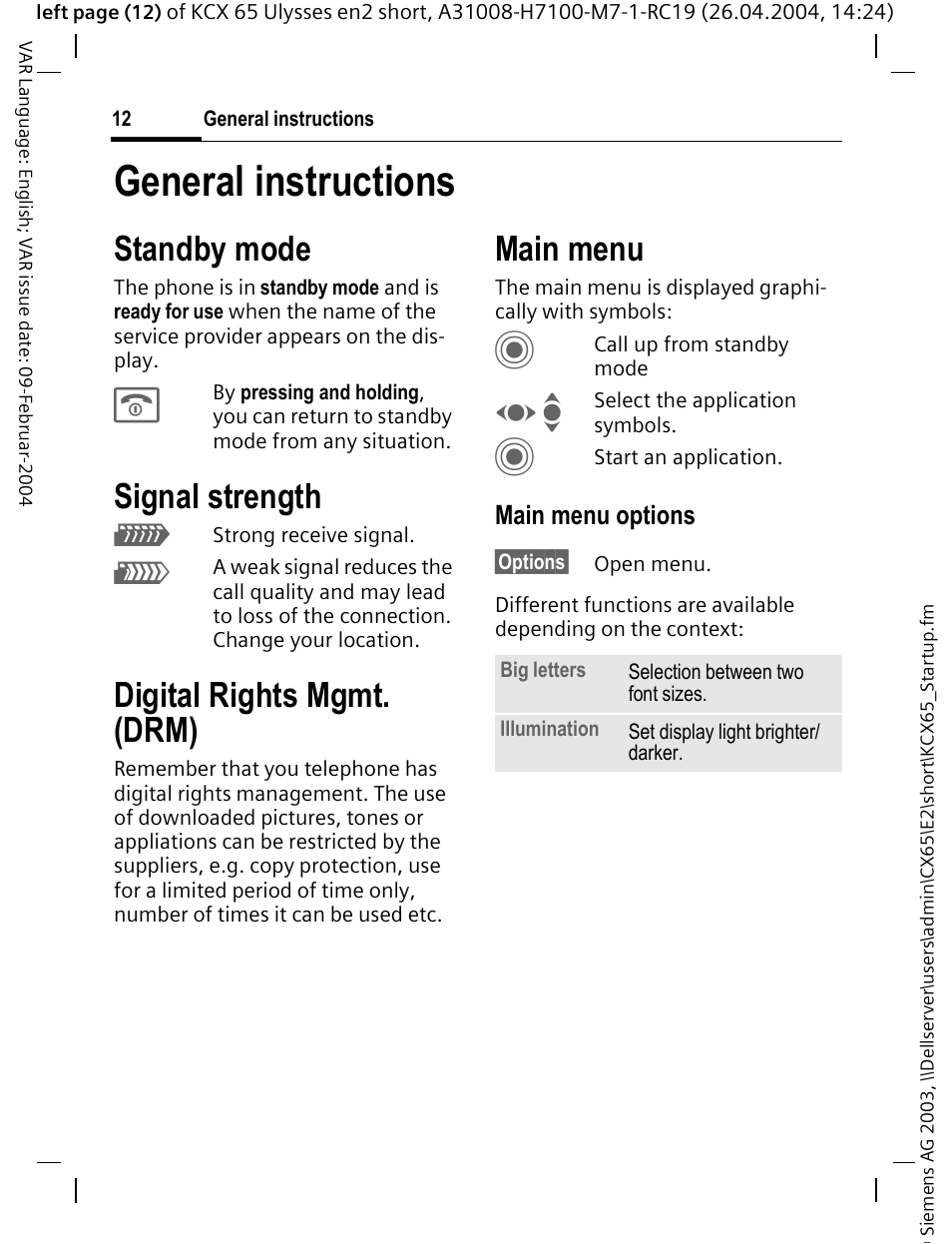 General instructions, Standby mode, Signal strength | Digital rights mgmt. (drm), Main menu | Siemens CX65 User Manual | Page 13 / 75