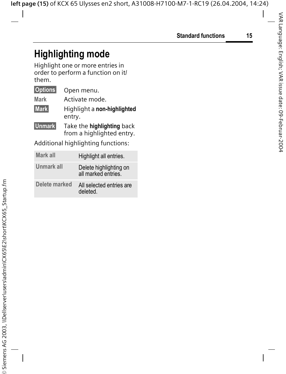 Highlighting mode | Siemens CX65 User Manual | Page 16 / 75