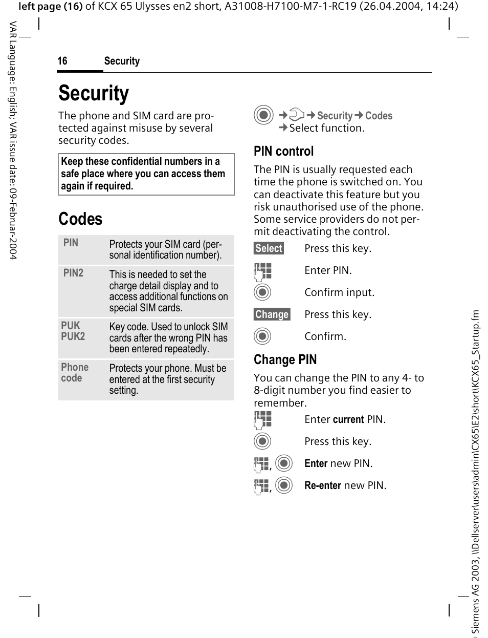 Security, Codes | Siemens CX65 User Manual | Page 17 / 75