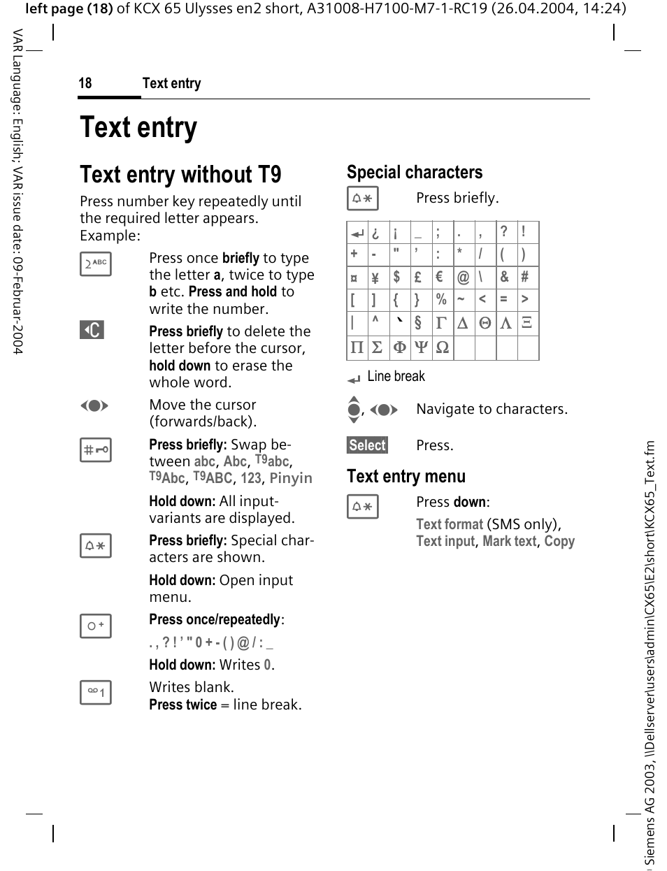 Text entry, Text entry without t9 | Siemens CX65 User Manual | Page 19 / 75