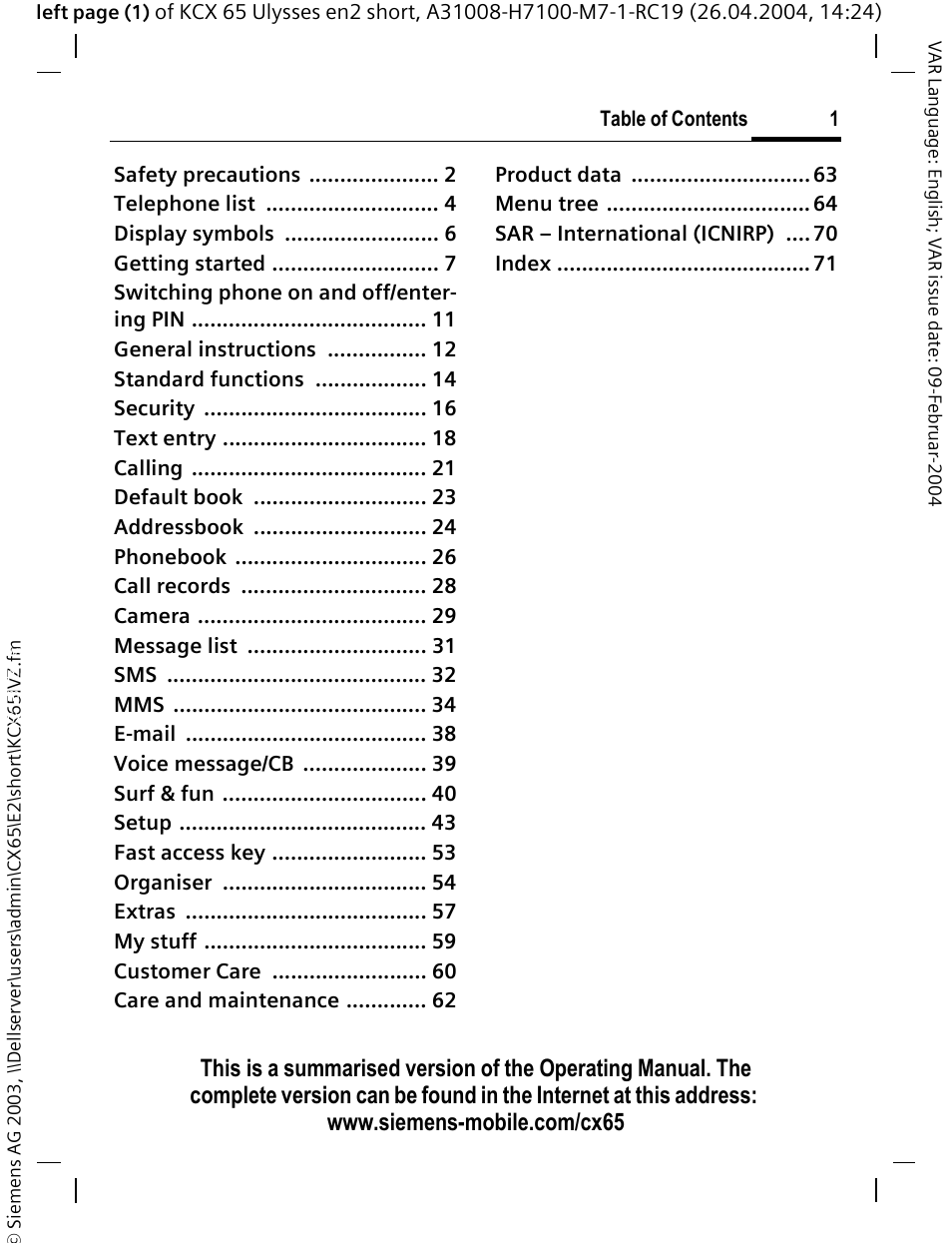 Siemens CX65 User Manual | Page 2 / 75