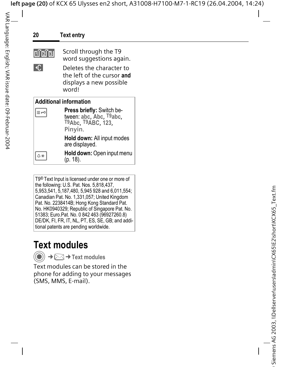 Text modules | Siemens CX65 User Manual | Page 21 / 75