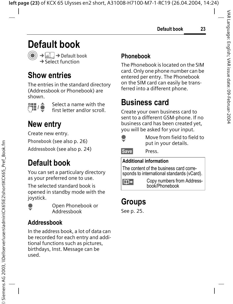 Default book, Show entries, New entry | Business card, Groups | Siemens CX65 User Manual | Page 24 / 75