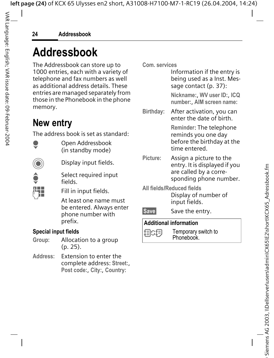 Addressbook, New entry | Siemens CX65 User Manual | Page 25 / 75