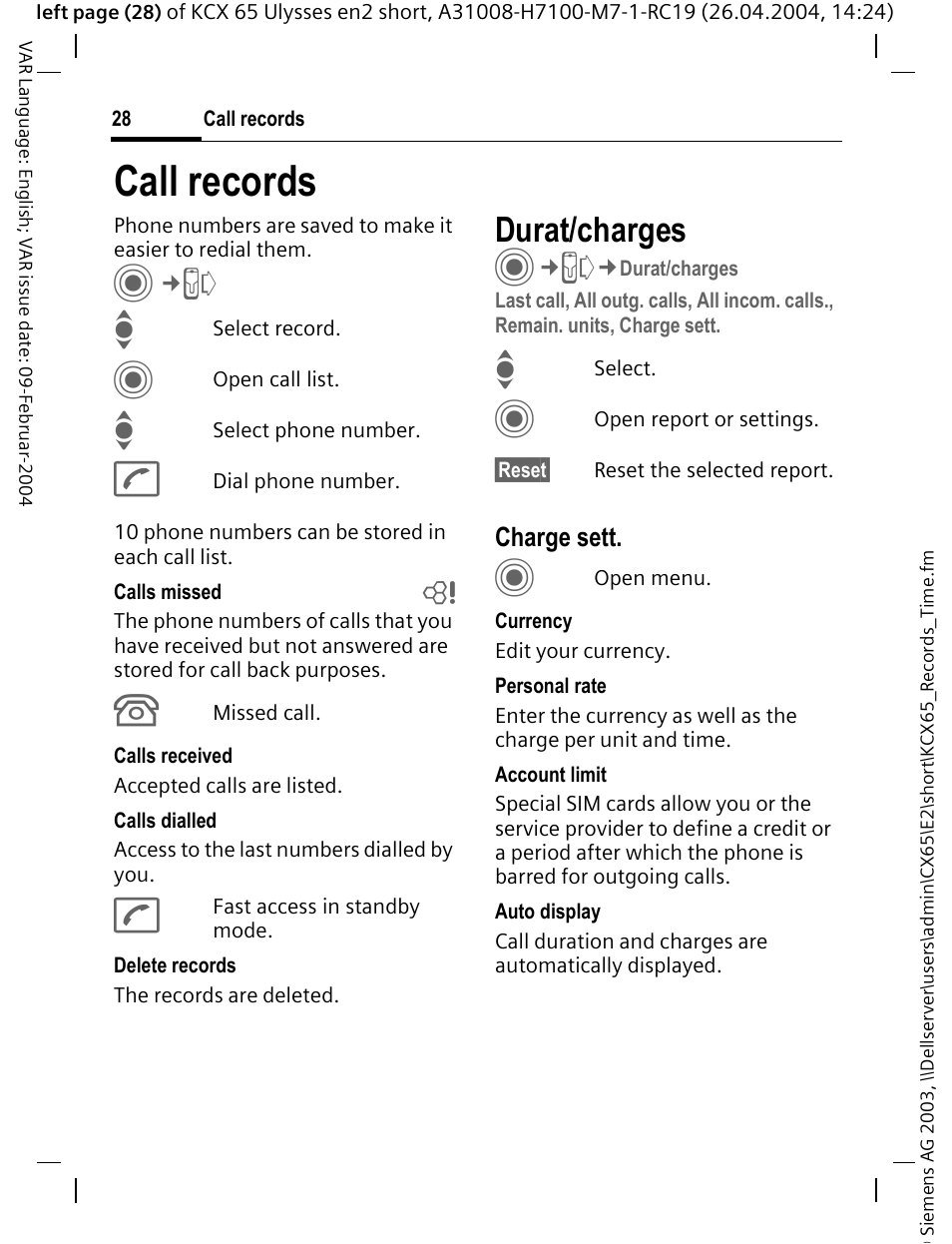 Call records, Durat/charges | Siemens CX65 User Manual | Page 29 / 75