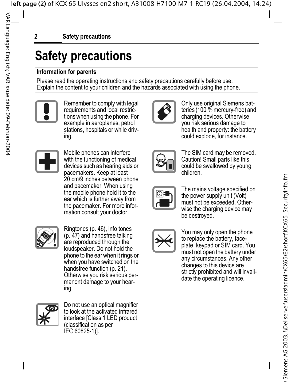 Safety precautions | Siemens CX65 User Manual | Page 3 / 75