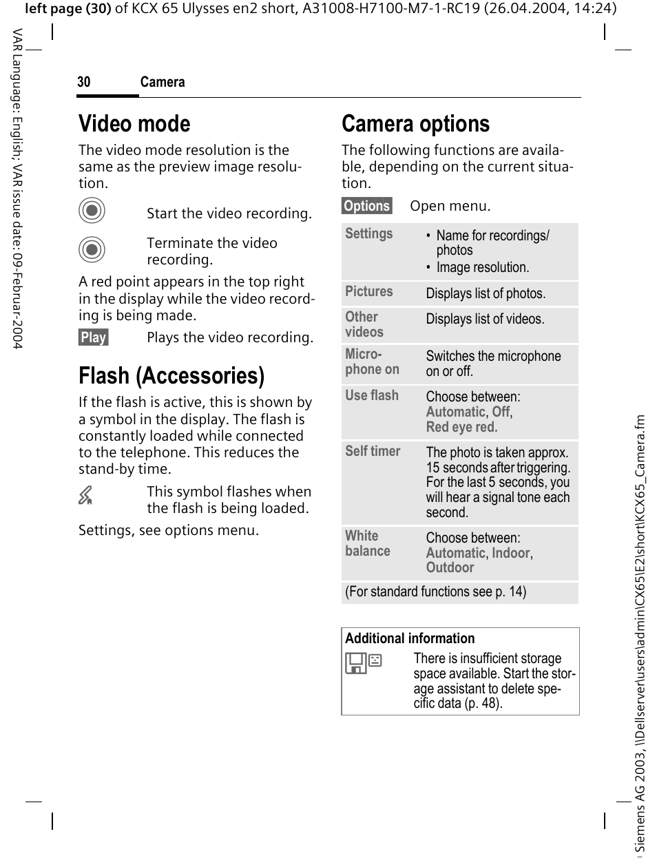 Video mode, Flash (accessories), Camera options | Siemens CX65 User Manual | Page 31 / 75