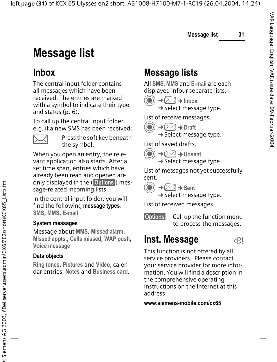 Message list, Inbox, Message lists | Inst. message | Siemens CX65 User Manual | Page 32 / 75