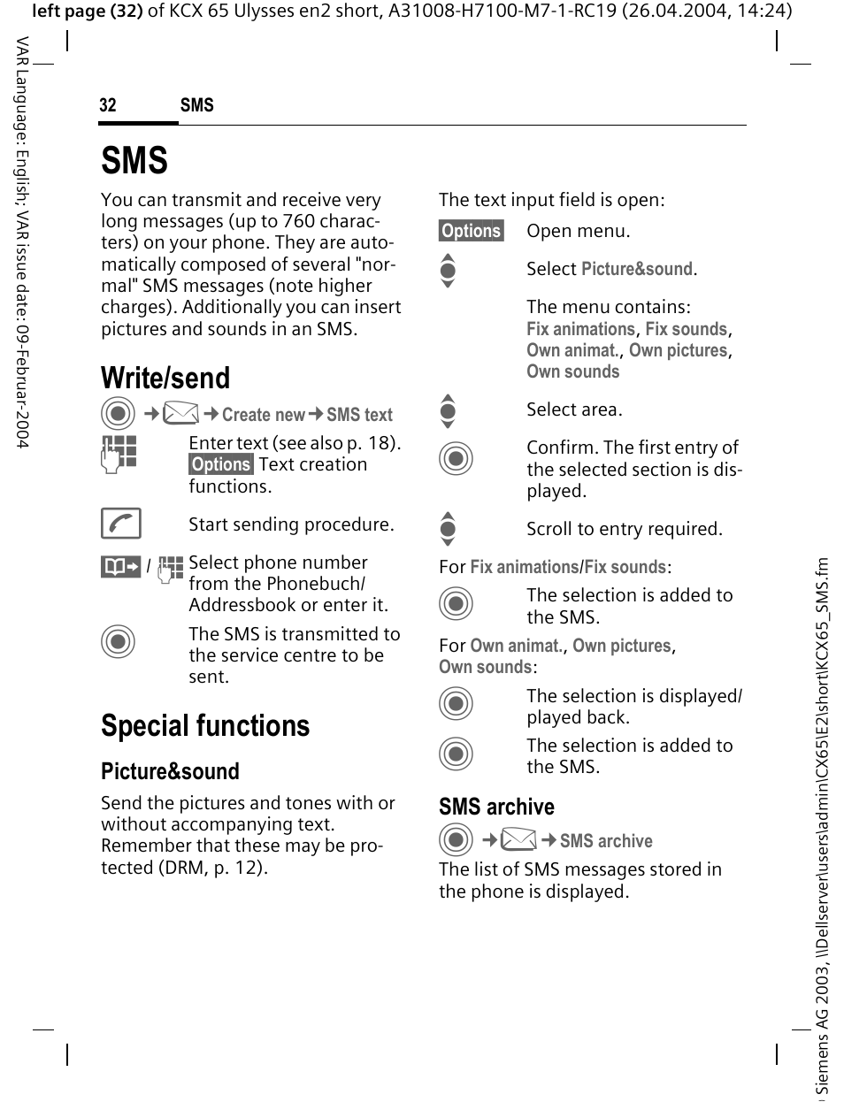 Write/send, Special functions | Siemens CX65 User Manual | Page 33 / 75