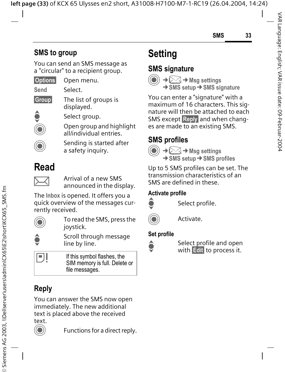 Read, Setting | Siemens CX65 User Manual | Page 34 / 75