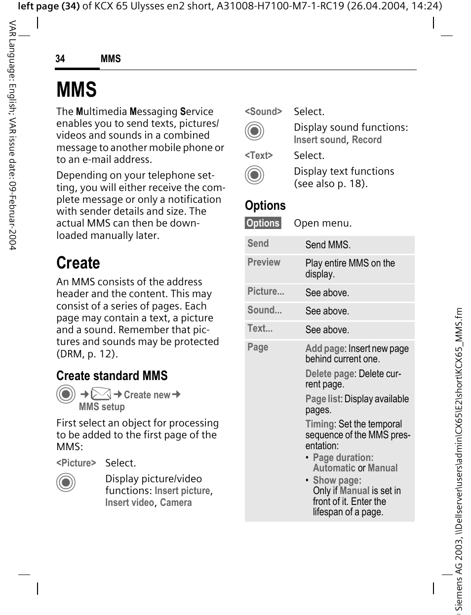 Create, Create standard mms, Options | Siemens CX65 User Manual | Page 35 / 75