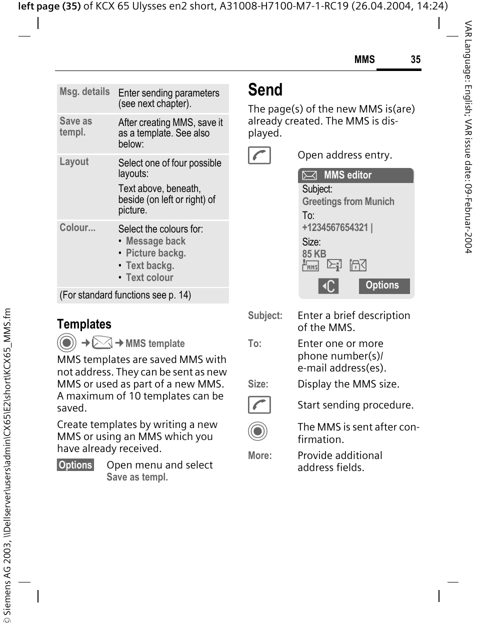 Send | Siemens CX65 User Manual | Page 36 / 75