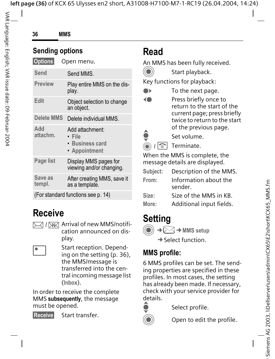 Receive, Read, Setting | Siemens CX65 User Manual | Page 37 / 75