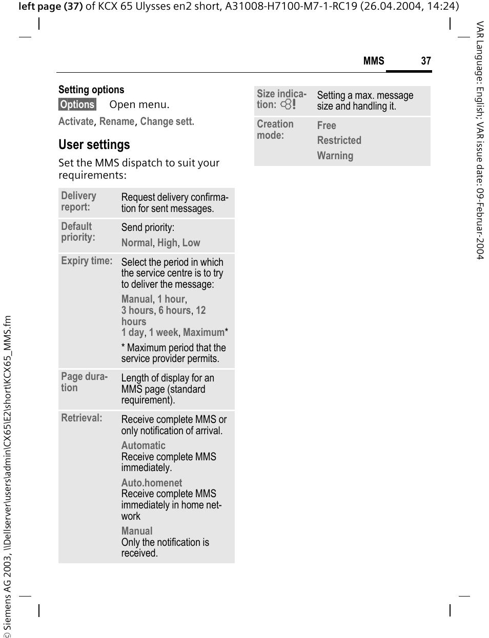 User settings | Siemens CX65 User Manual | Page 38 / 75