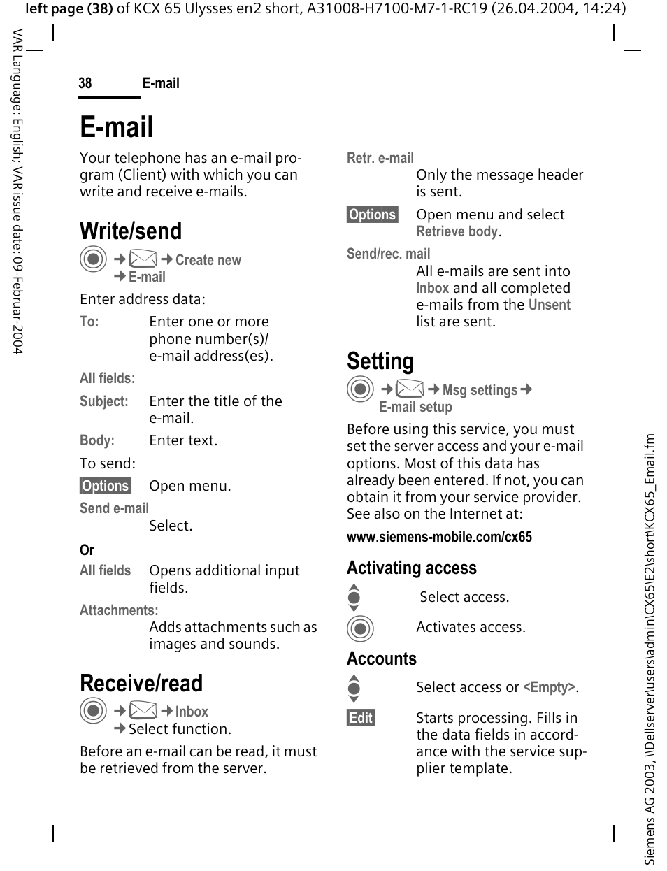 E-mail, Write/send, Receive/read | Setting | Siemens CX65 User Manual | Page 39 / 75