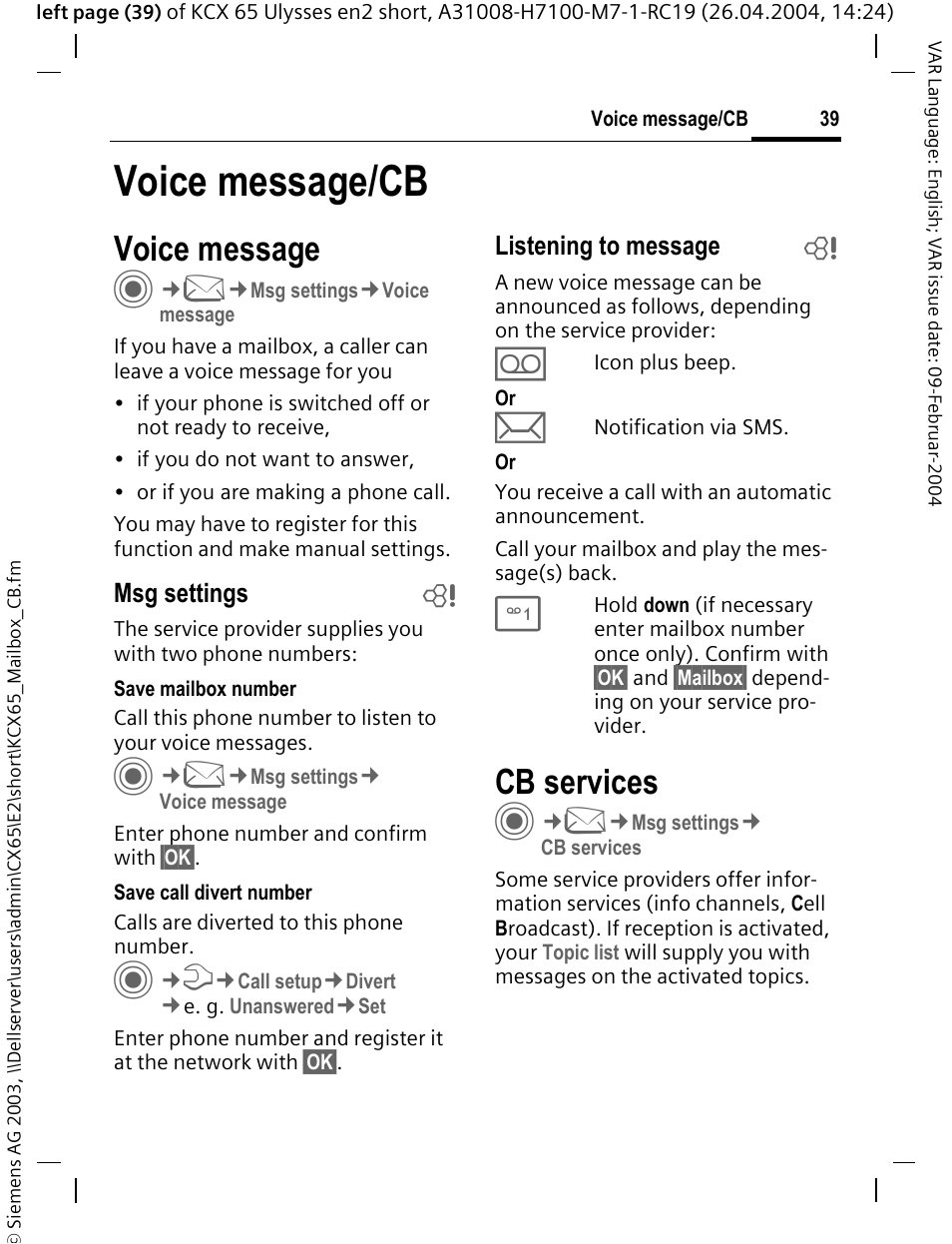 Voice message/cb, Voice message, Cb services | Siemens CX65 User Manual | Page 40 / 75