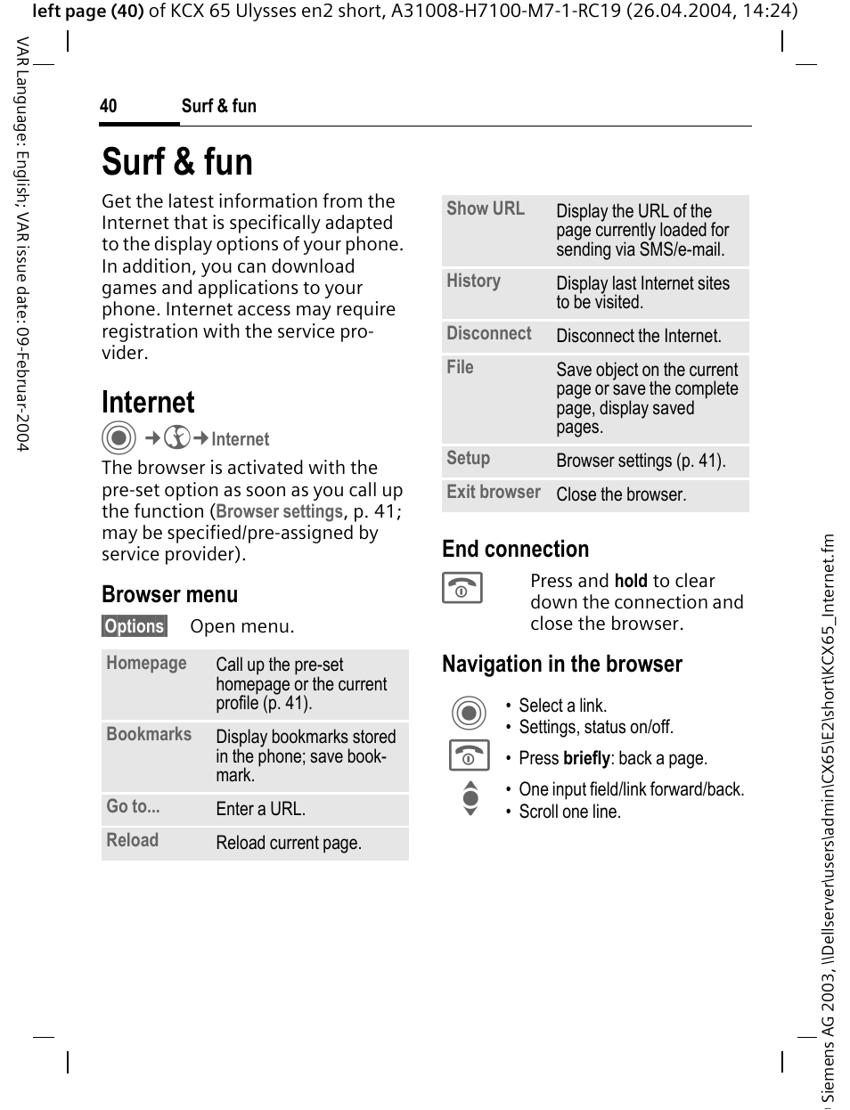 Surf & fun, Internet, Browser menu | End connection, Navigation in the browser | Siemens CX65 User Manual | Page 41 / 75