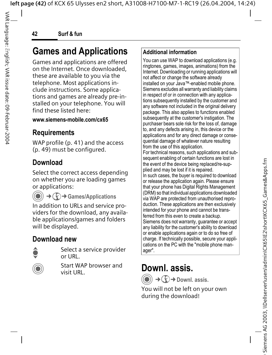 Games and applications, Downl. assis, Requirements | Download, Download new | Siemens CX65 User Manual | Page 43 / 75