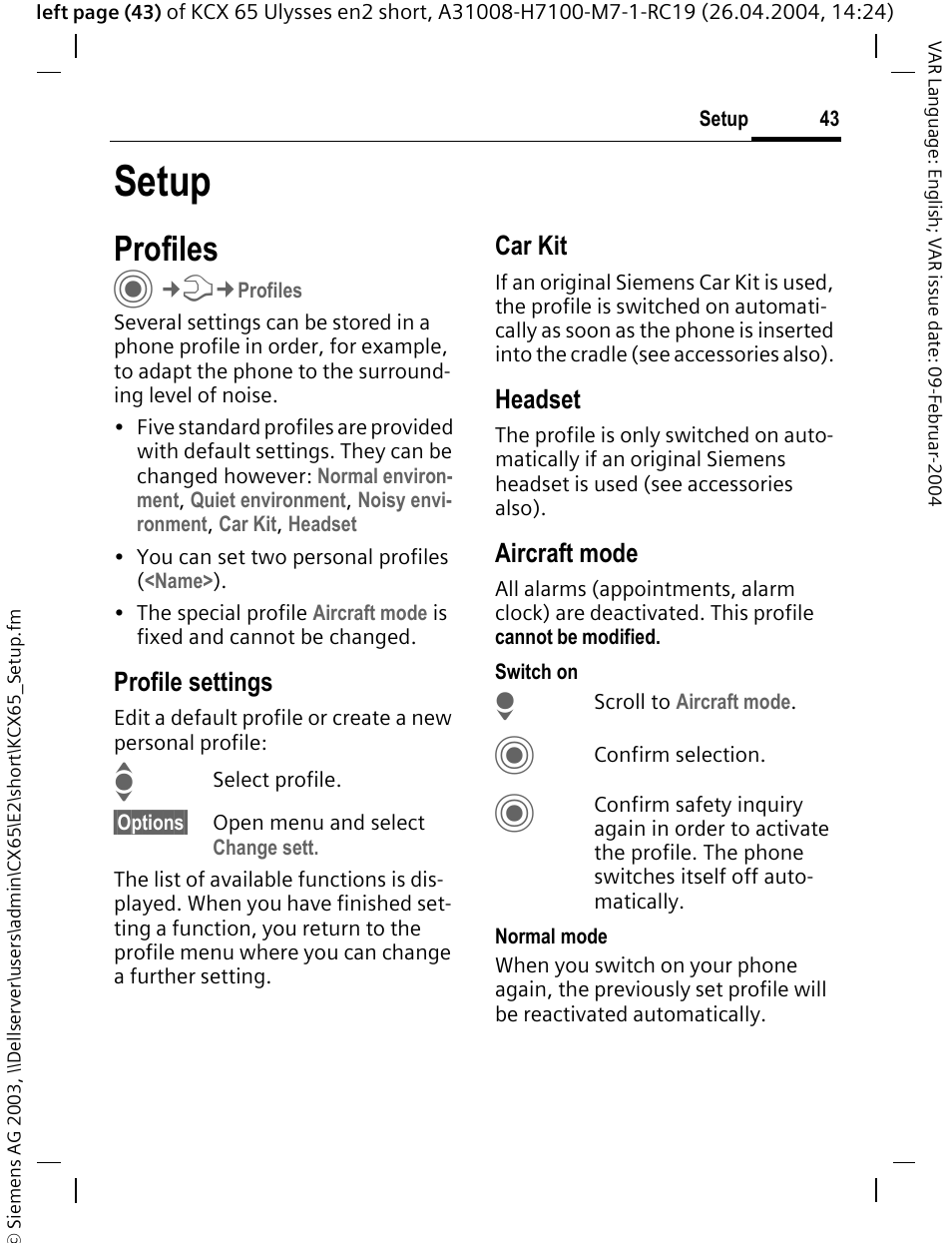 Setup, Profiles | Siemens CX65 User Manual | Page 44 / 75