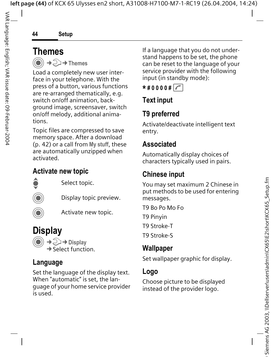 Themes, Display | Siemens CX65 User Manual | Page 45 / 75