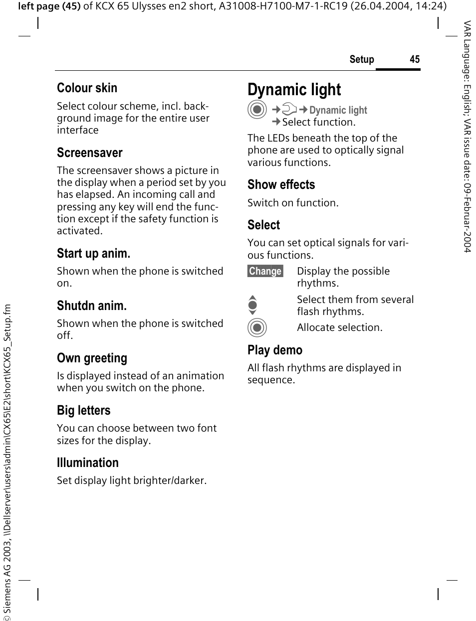 Dynamic light | Siemens CX65 User Manual | Page 46 / 75