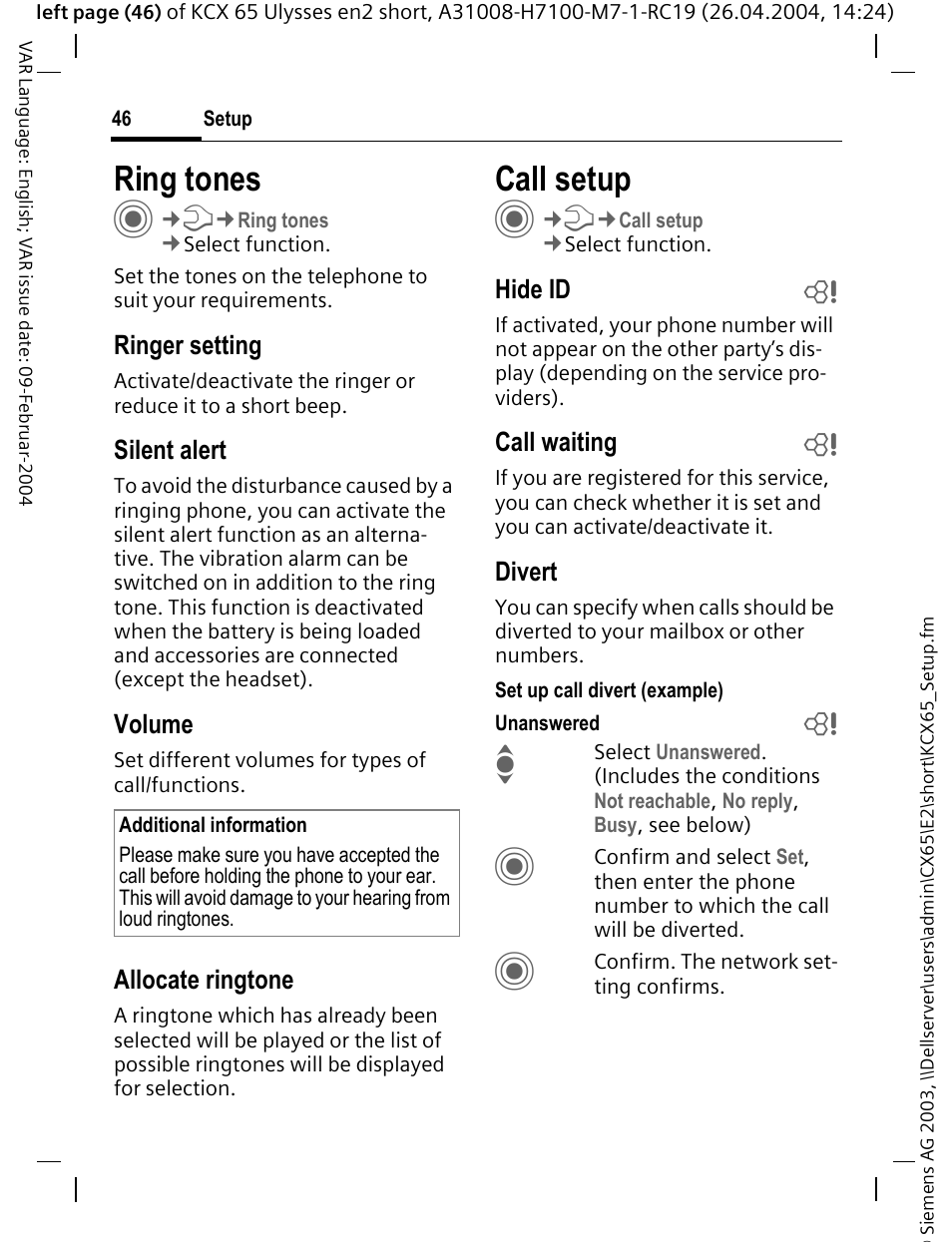 Ring tones, Call setup | Siemens CX65 User Manual | Page 47 / 75