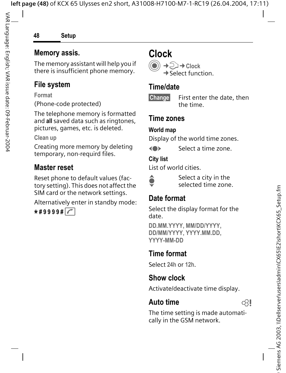 Clock, File system, Master reset | Time/date, Time zones, Date format, Time format, Show clock, Auto time b | Siemens CX65 User Manual | Page 49 / 75