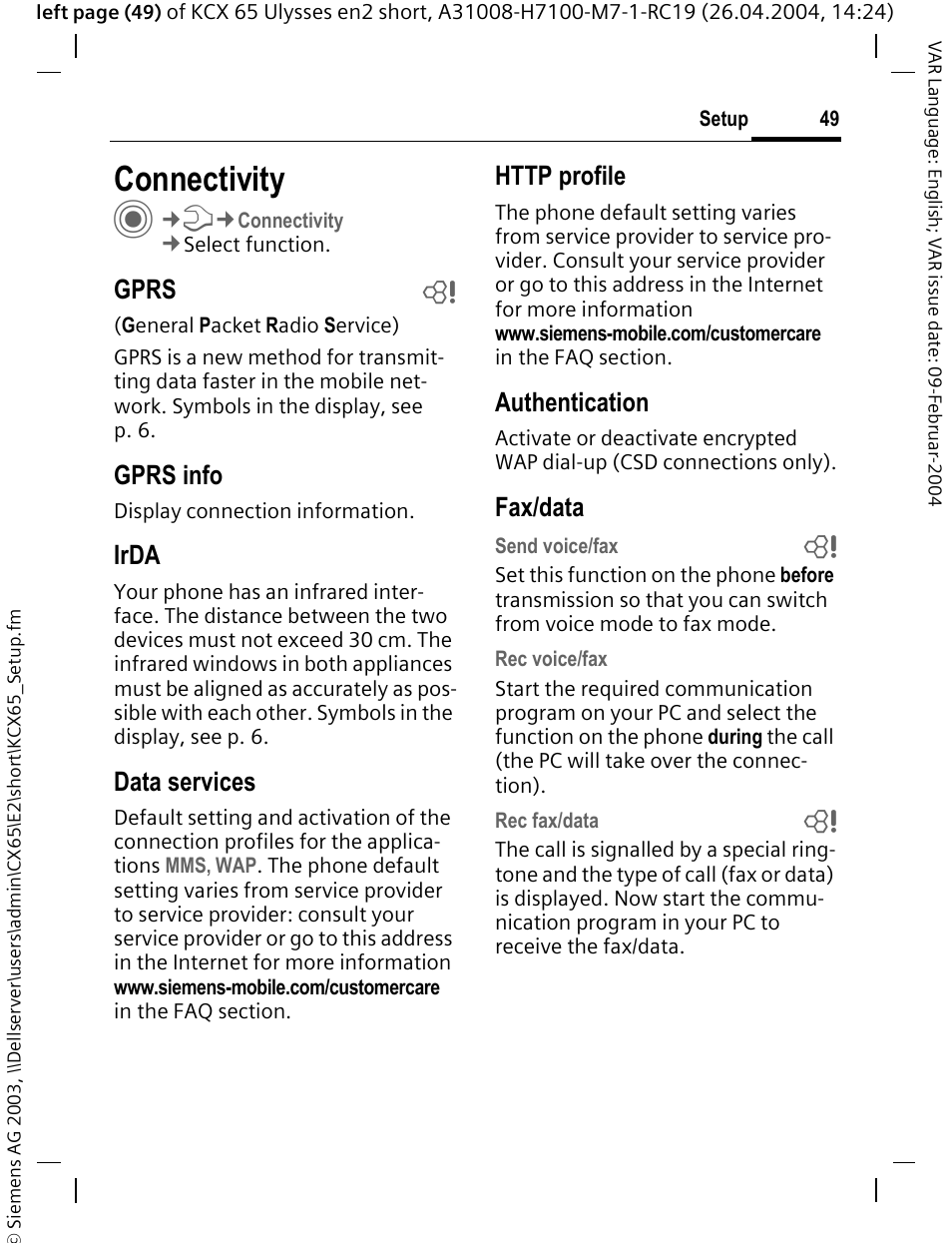 Connectivity, Gprs b, Gprs info | Irda, Data services, Authentication, Fax/data | Siemens CX65 User Manual | Page 50 / 75