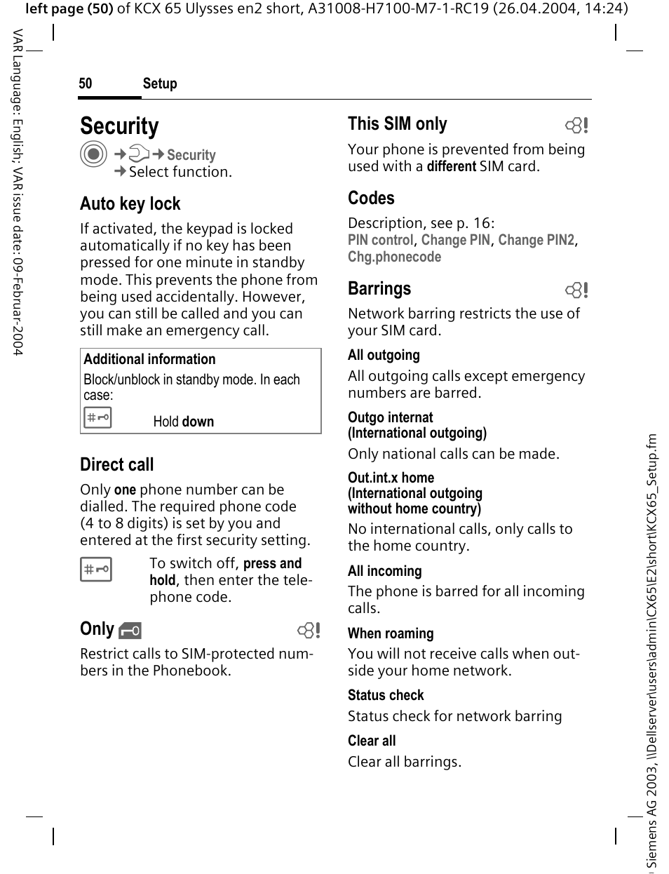 Security, Auto key lock, Direct call | Only, This sim only b, Codes, Barrings b | Siemens CX65 User Manual | Page 51 / 75