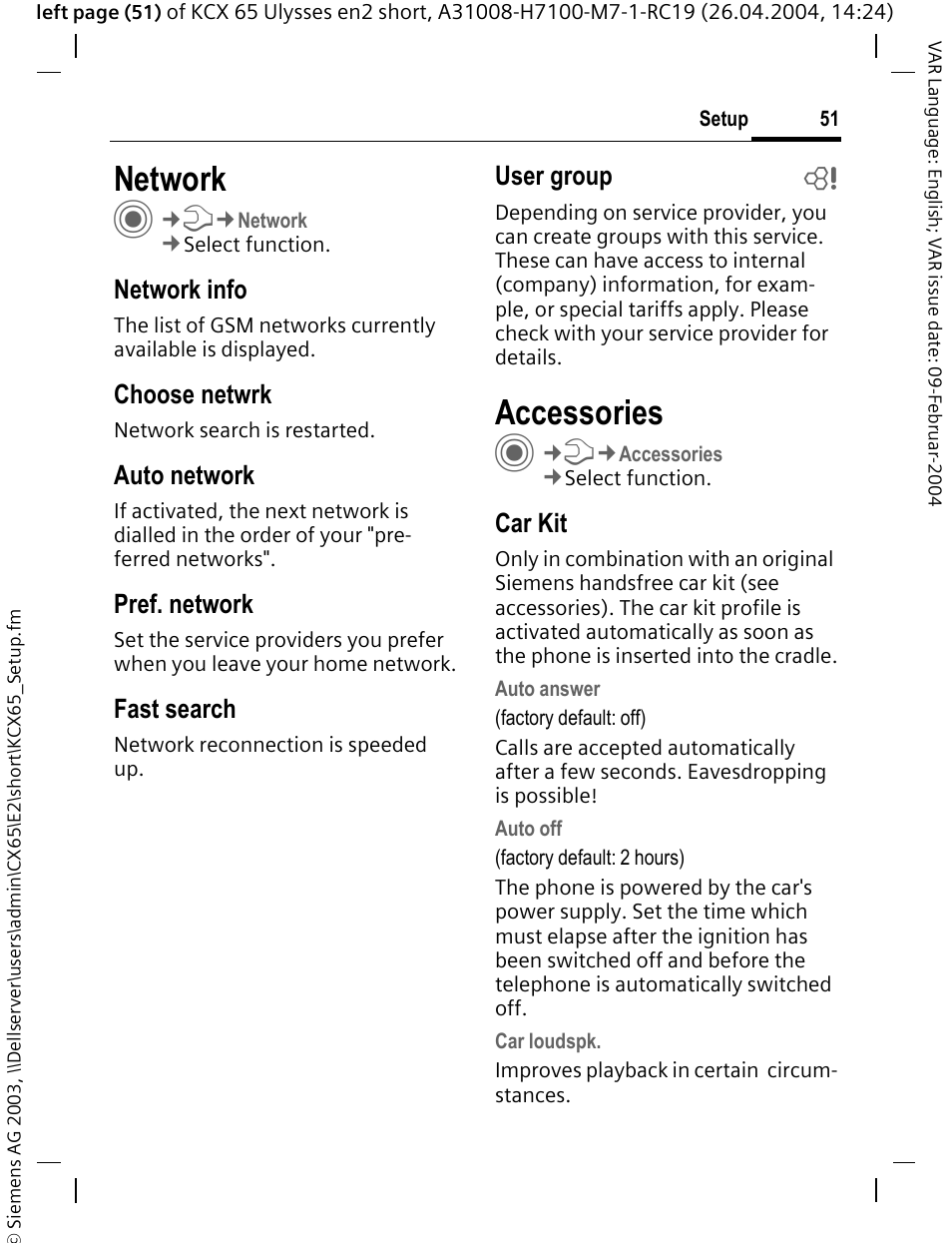 Network, Accessories | Siemens CX65 User Manual | Page 52 / 75