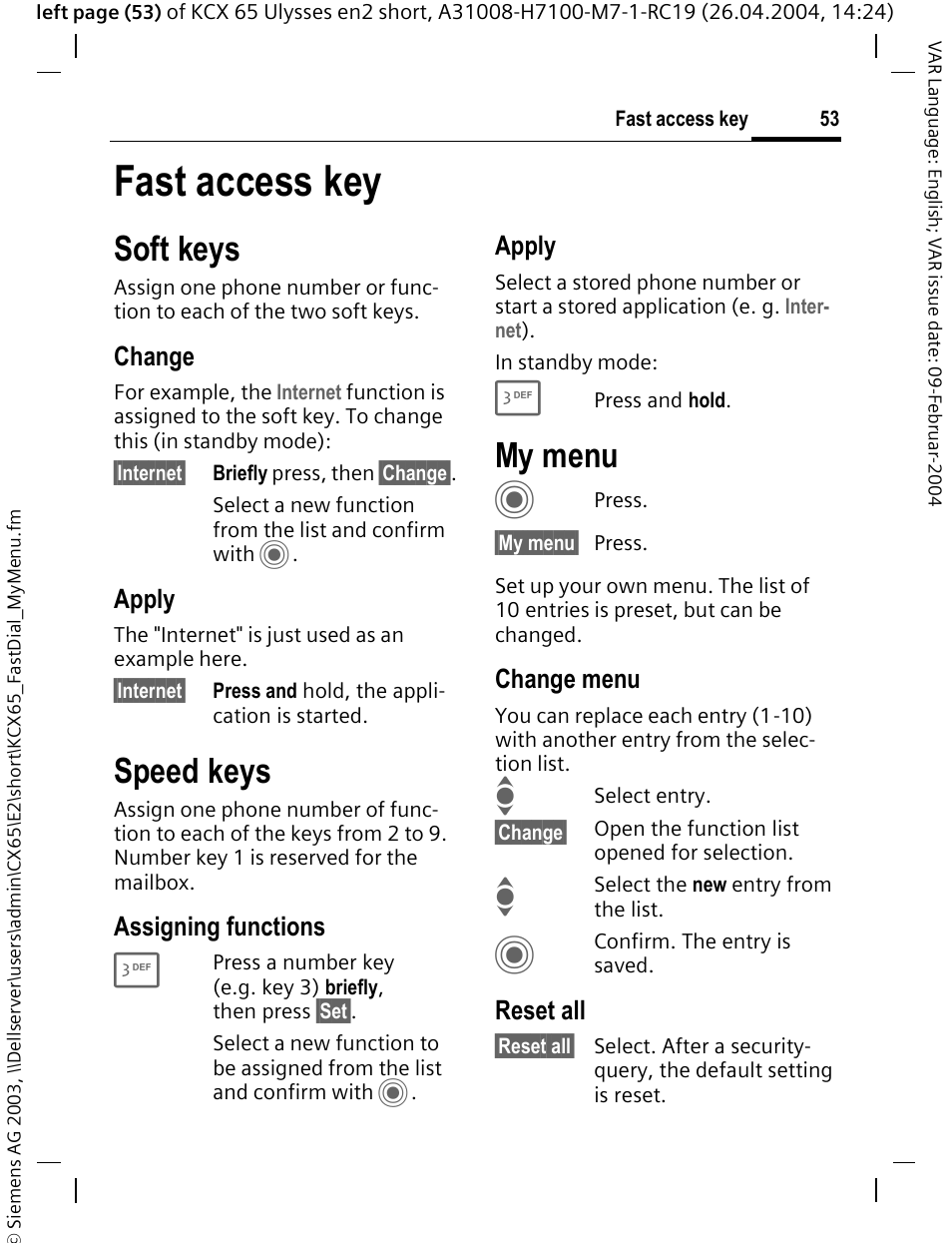 Fast access key, Soft keys, Speed keys | My menu | Siemens CX65 User Manual | Page 54 / 75