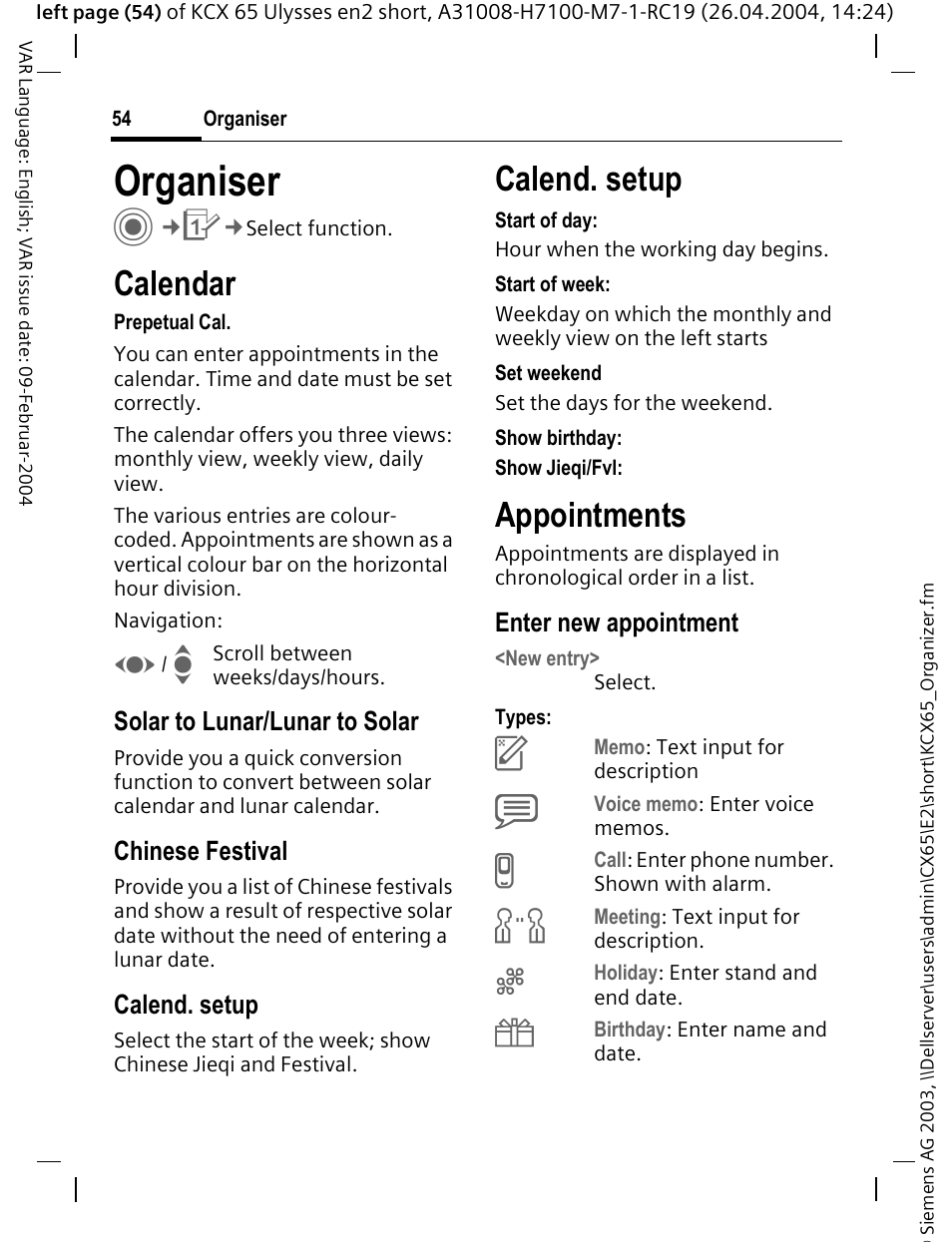 Organiser, Calendar, Calend. setup | Appointments | Siemens CX65 User Manual | Page 55 / 75