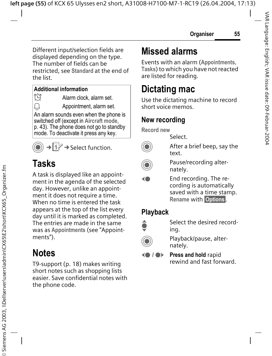 Tasks, Missed alarms, Dictating mac | Siemens CX65 User Manual | Page 56 / 75