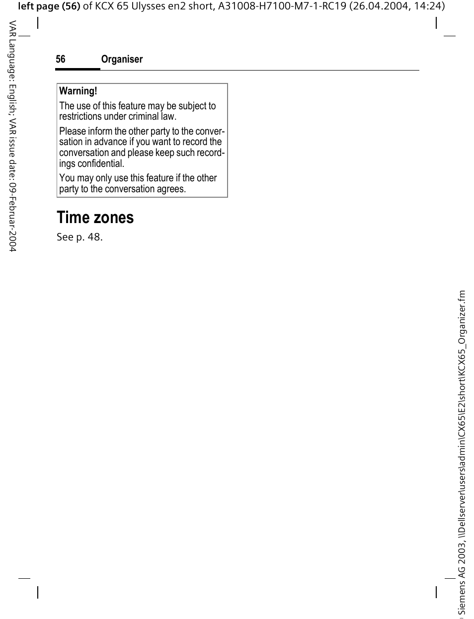 Time zones | Siemens CX65 User Manual | Page 57 / 75