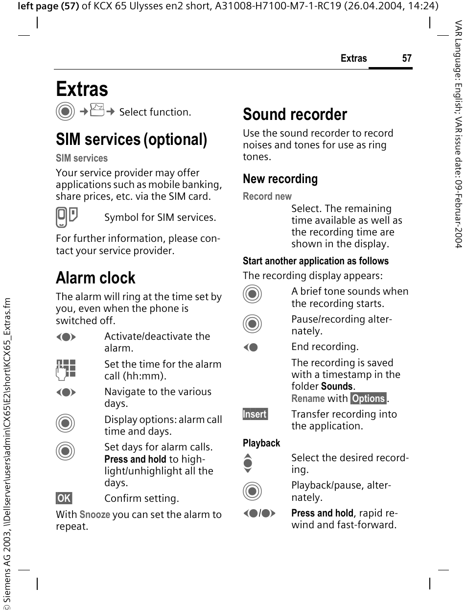 Extras, Sim services, Optional) | Alarm clock, Sound recorder | Siemens CX65 User Manual | Page 58 / 75