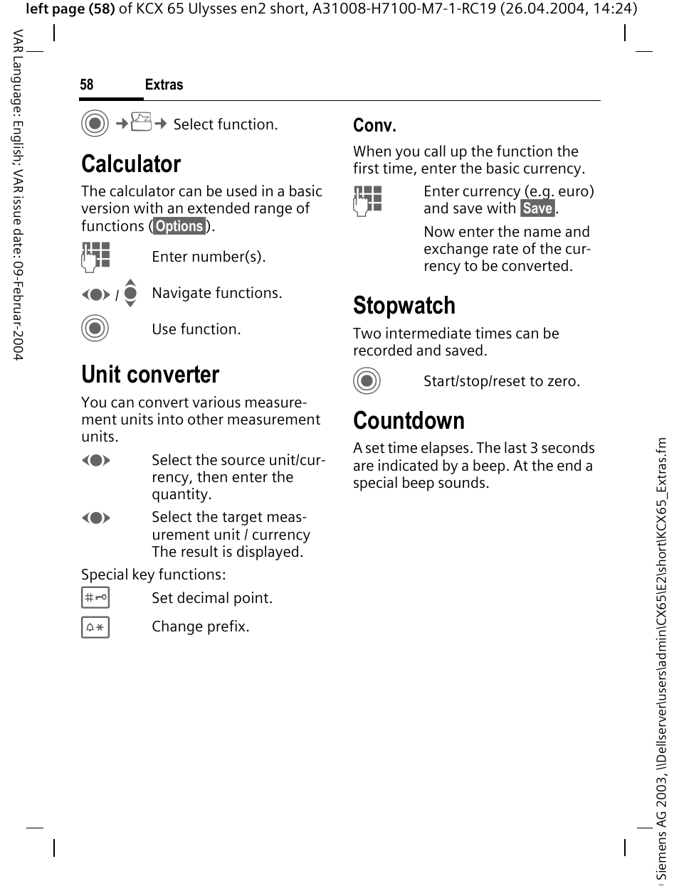 Calculator, Unit converter, Stopwatch | Countdown | Siemens CX65 User Manual | Page 59 / 75