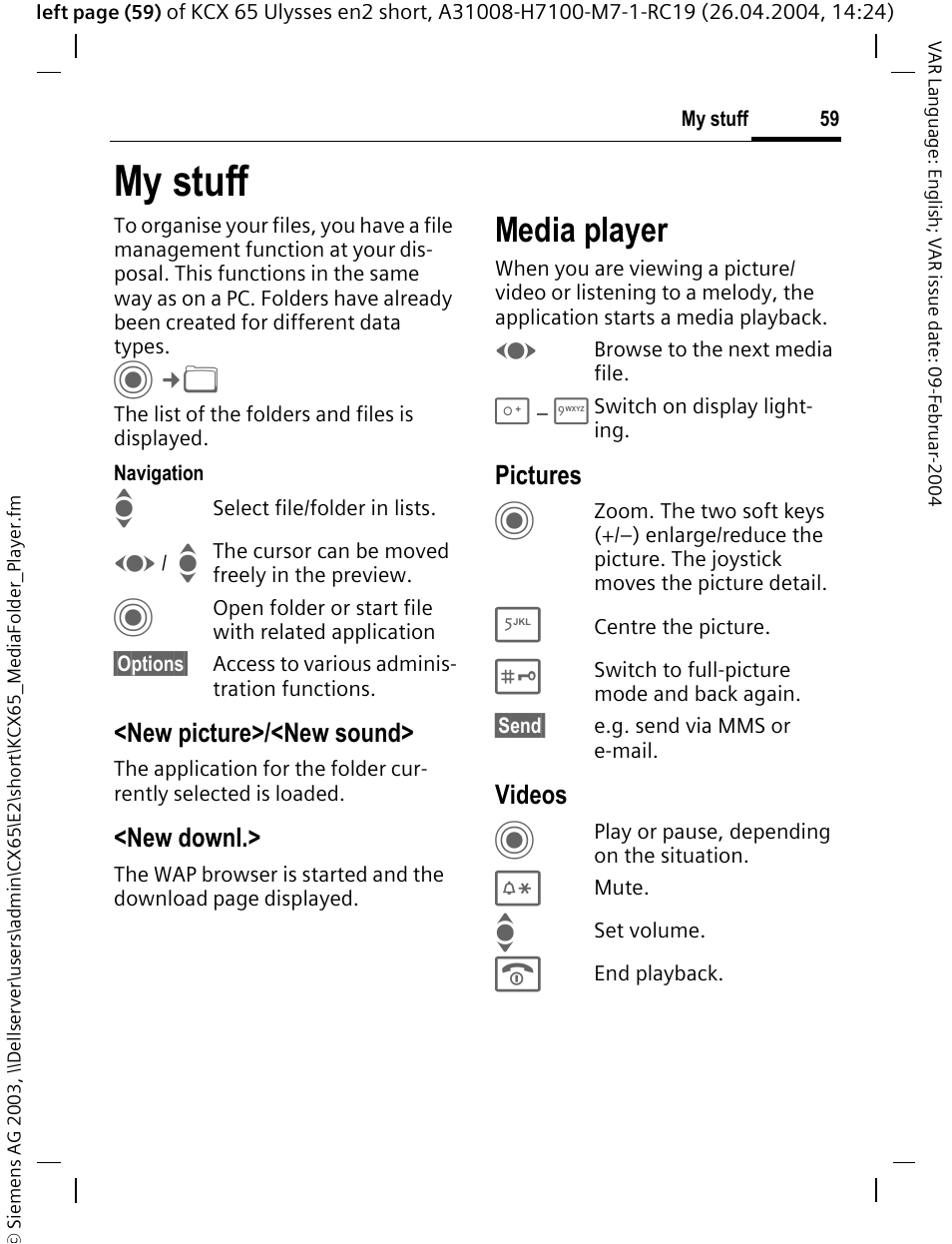 My stuff, Media player | Siemens CX65 User Manual | Page 60 / 75