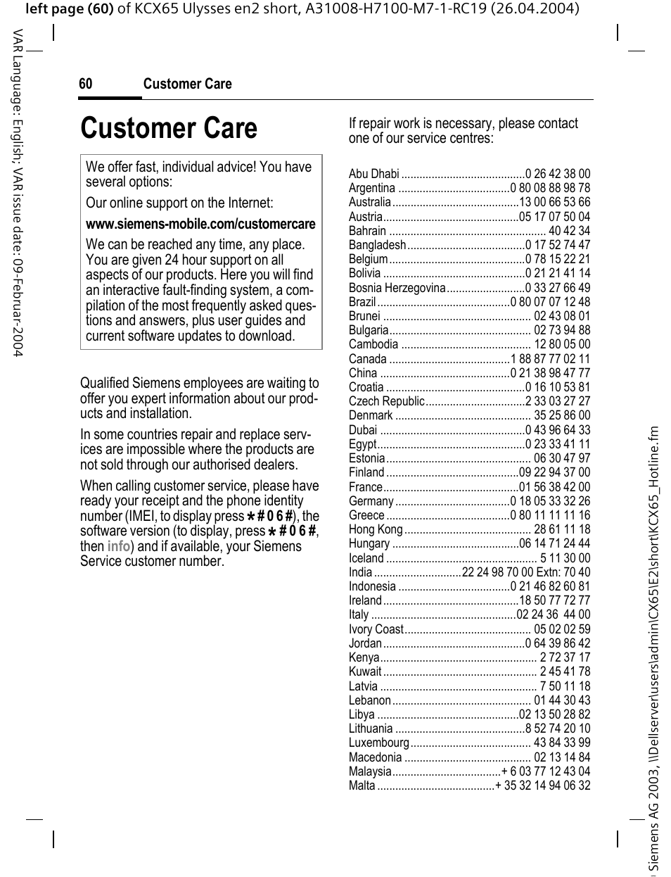 Customer care | Siemens CX65 User Manual | Page 61 / 75