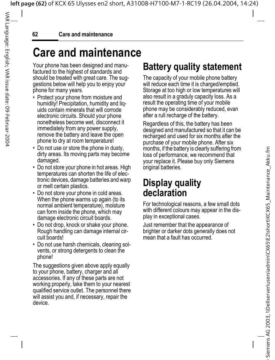 Care and maintenance, Battery quality statement, Display quality declaration | Siemens CX65 User Manual | Page 63 / 75